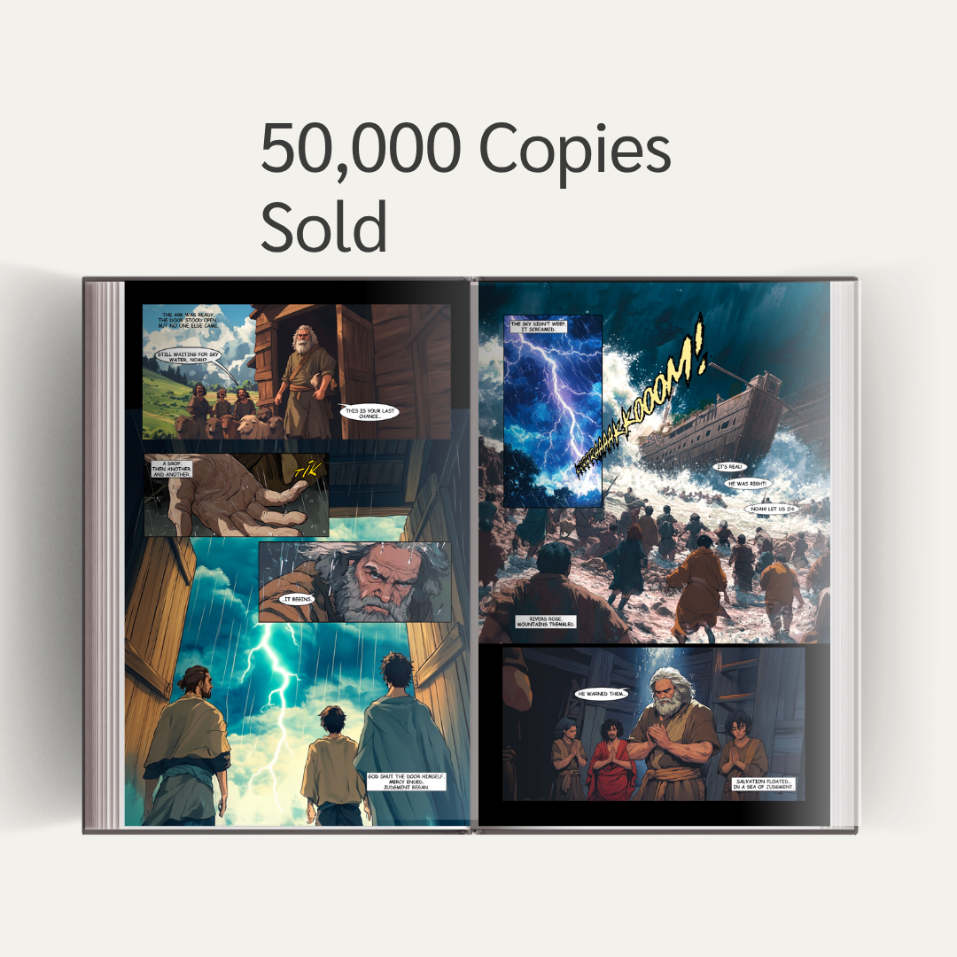 An open graphic novel showing scenes of Noah's Ark with text above reading '50,000 Copies Sold'.