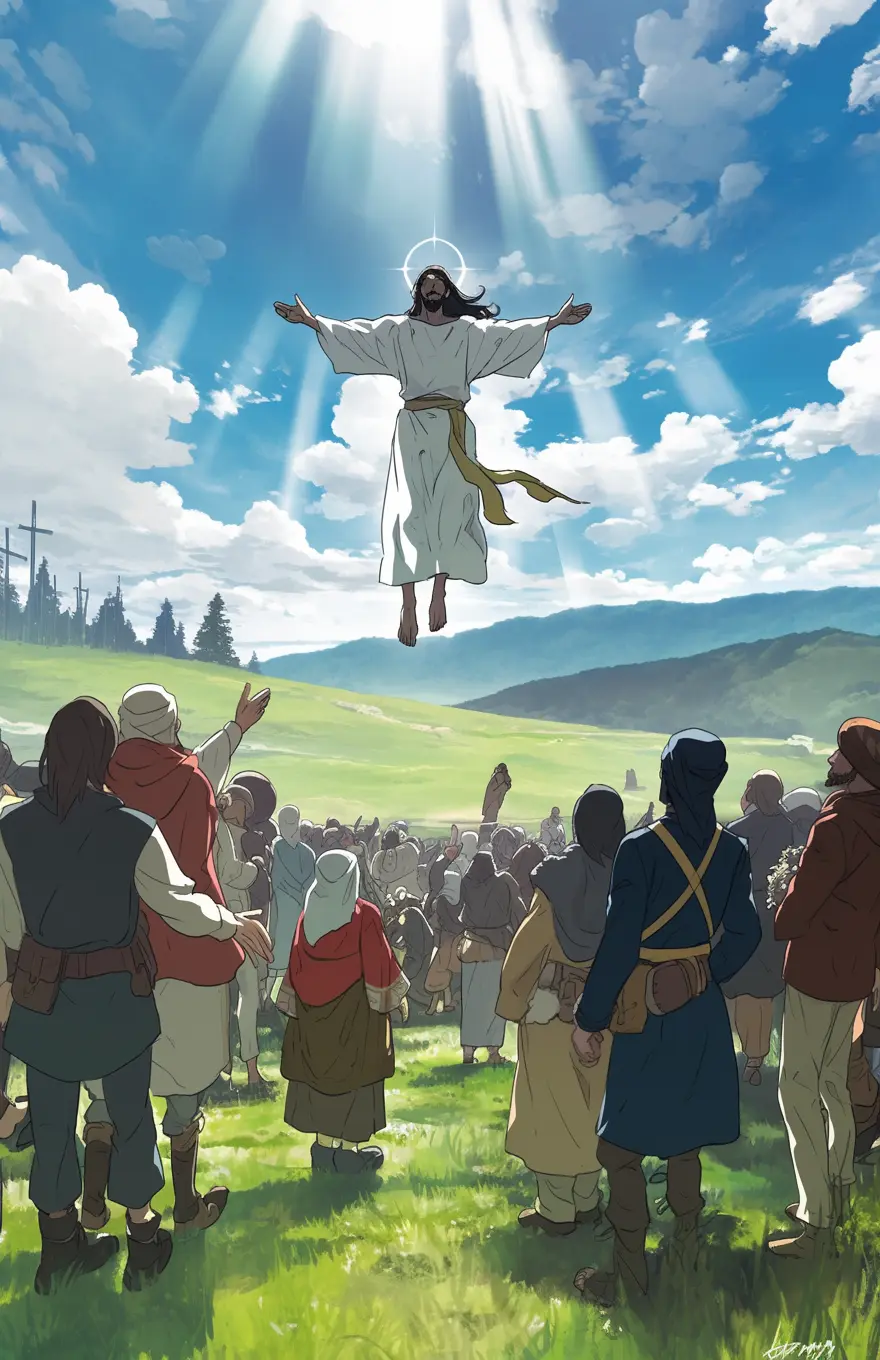 Illustration of a figure in white ascending into the sky, surrounded by a crowd on grass.