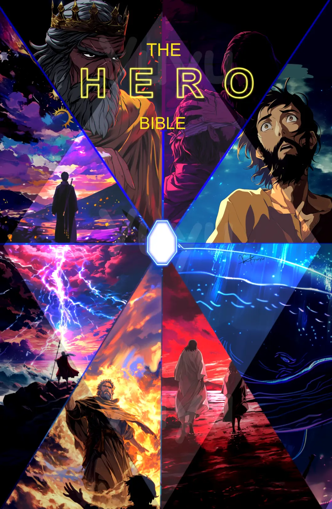 Collage of heroic-themed illustrations with vibrant colors and dramatic scenes.