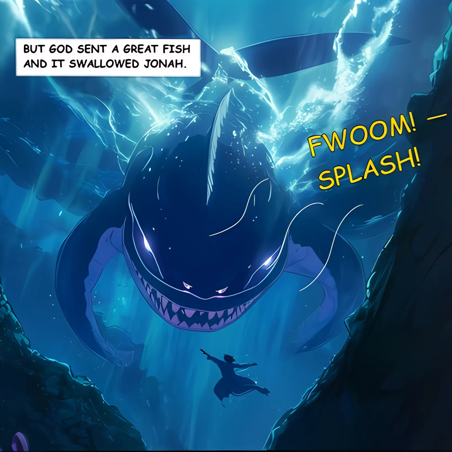 Illustration of a giant fish swallowing a person underwater, with comic-style text.