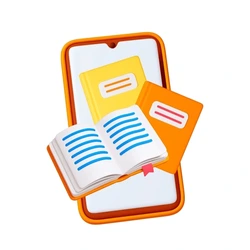A stylized icon of a smartphone with an open book and two closed notebooks floating in front.