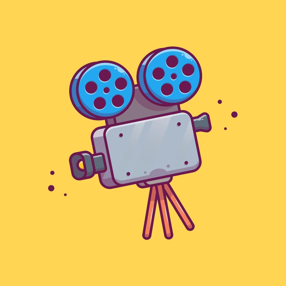A cartoon illustration of a vintage movie camera with two blue reels on a tripod against a yellow background.