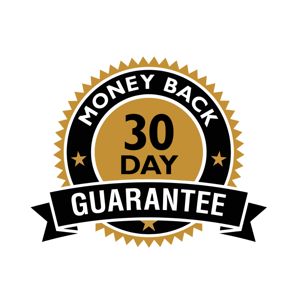 A black and gold seal that reads 'Money Back 30 Day Guarantee'.