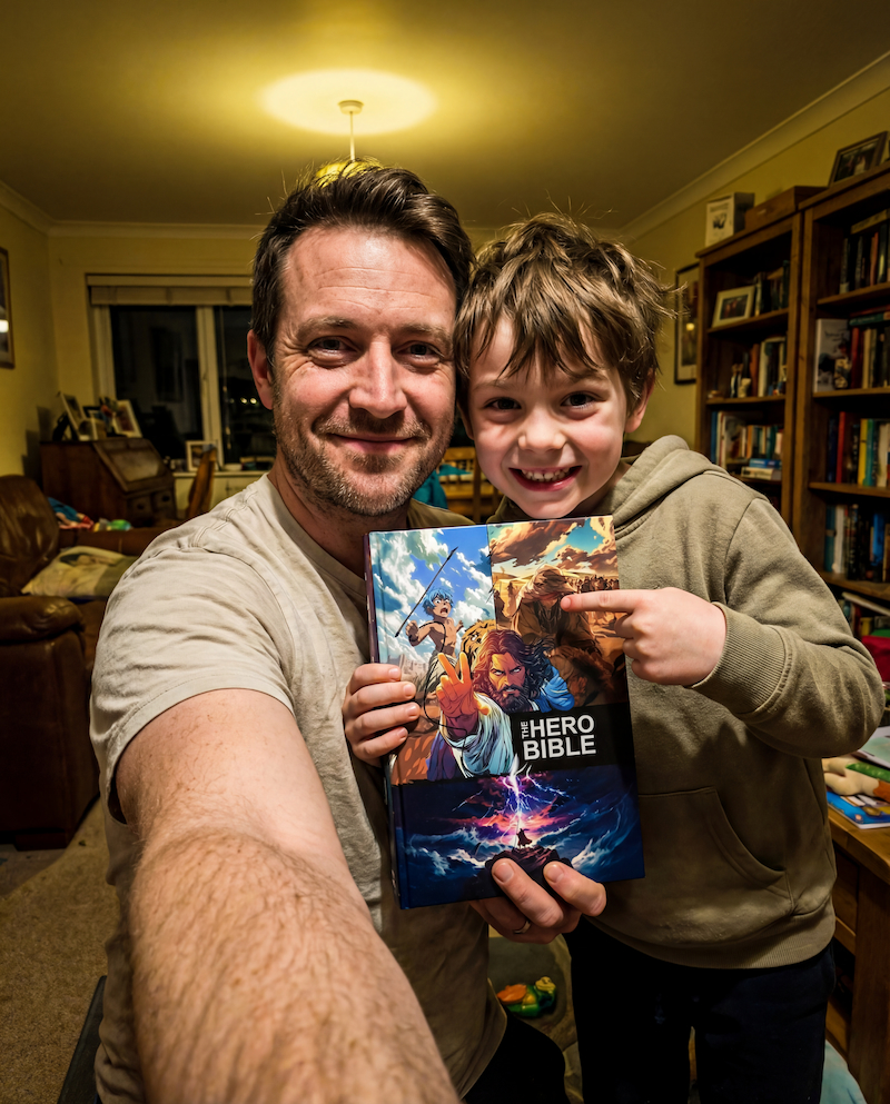 A man and a young boy smile for a selfie while holding a copy of 'The Hero Bible'.
