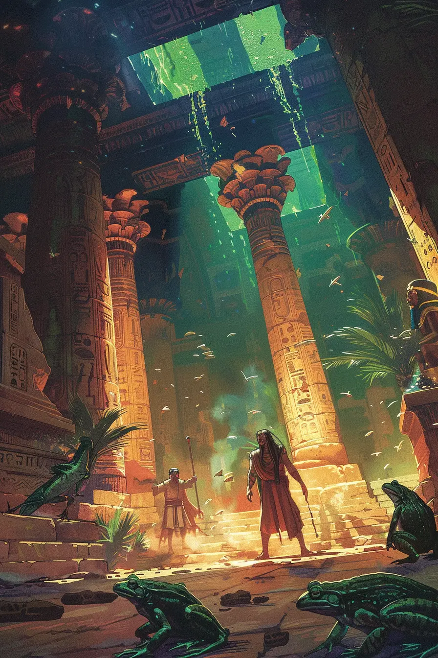 Ancient temple with hieroglyphic columns, frogs, and two figures in robes.