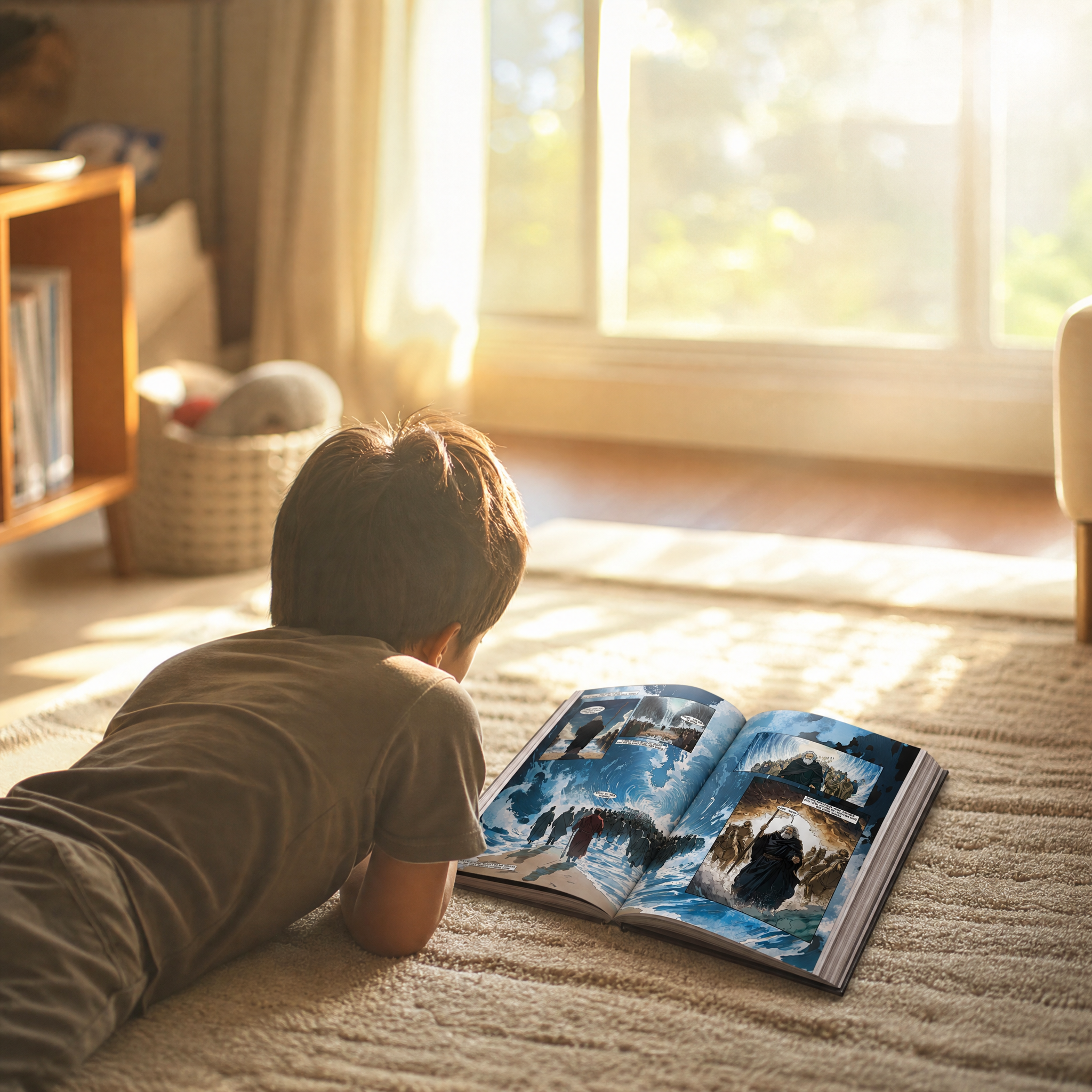 A young boy lies on a sunlit carpet, reading a large open graphic novel.