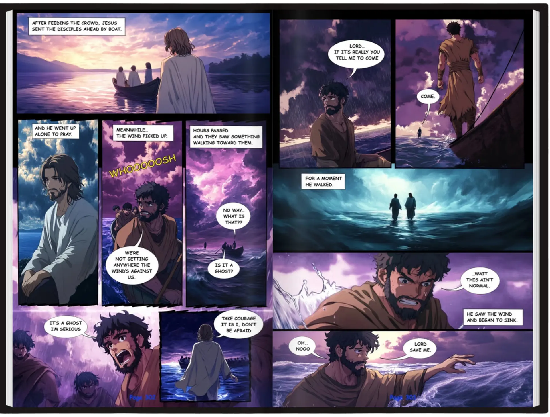 Comic depiction of Jesus walking on water and a disciple attempting to follow.