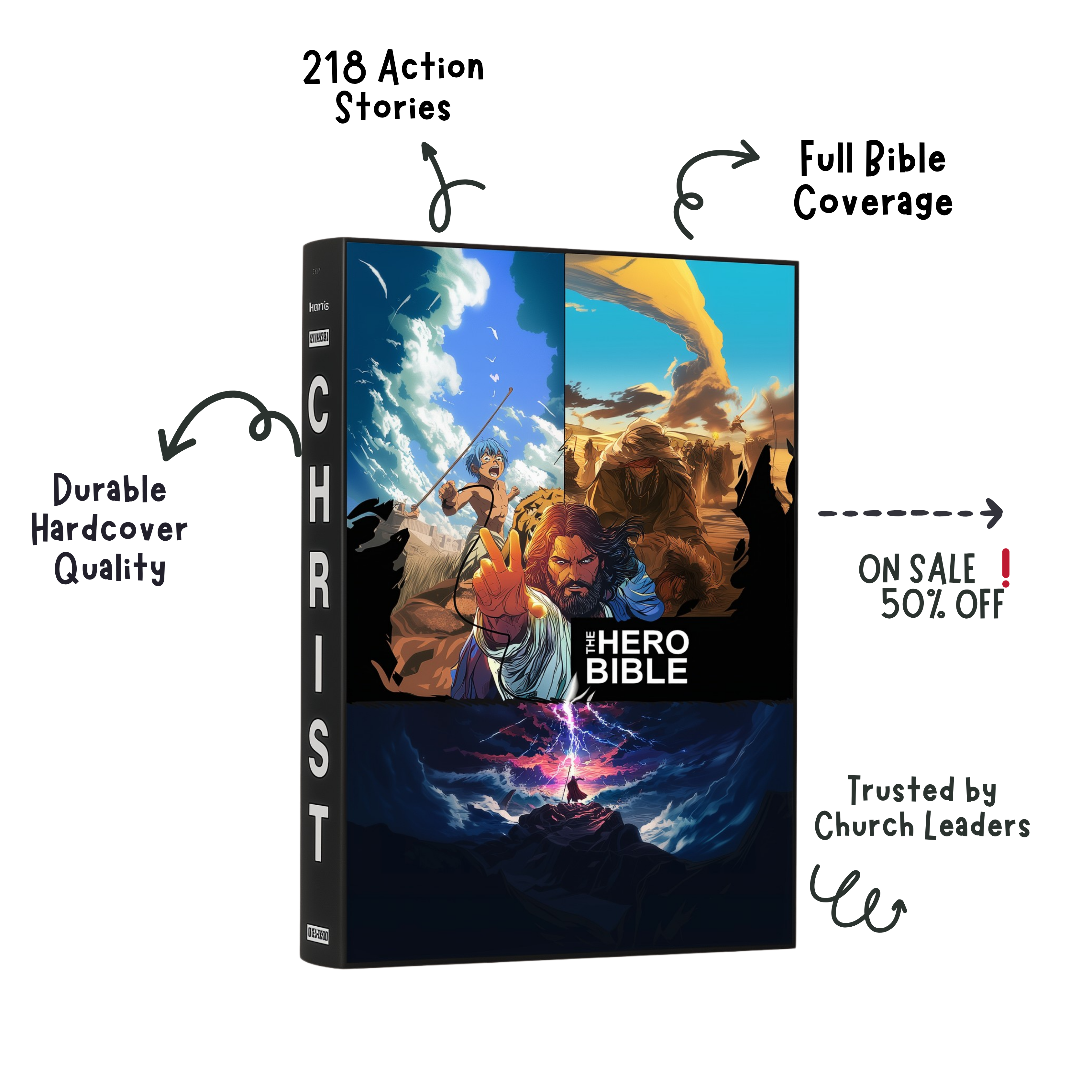 Illustrated book cover titled 'The Hero Bible' with action scenes and promotional text.