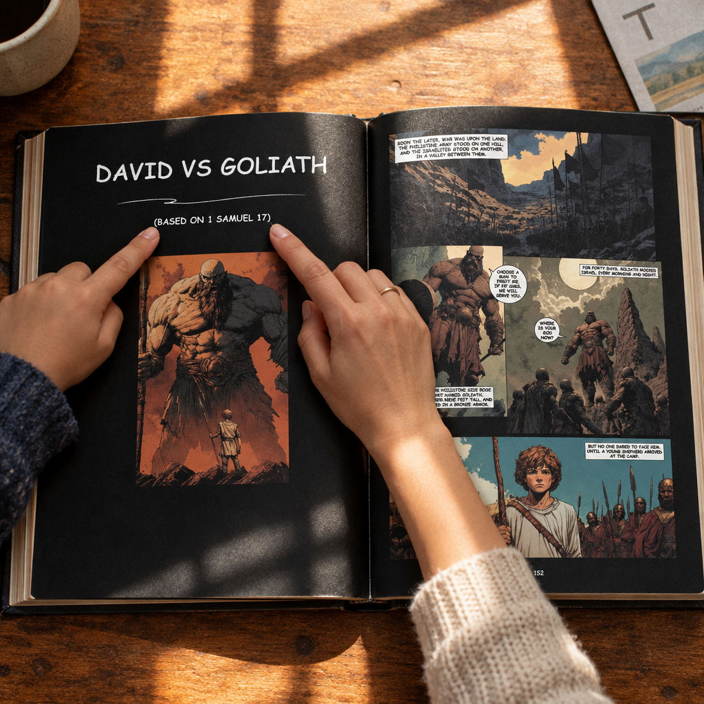 A person reads a graphic novel depicting the story of David vs Goliath on a wooden table.