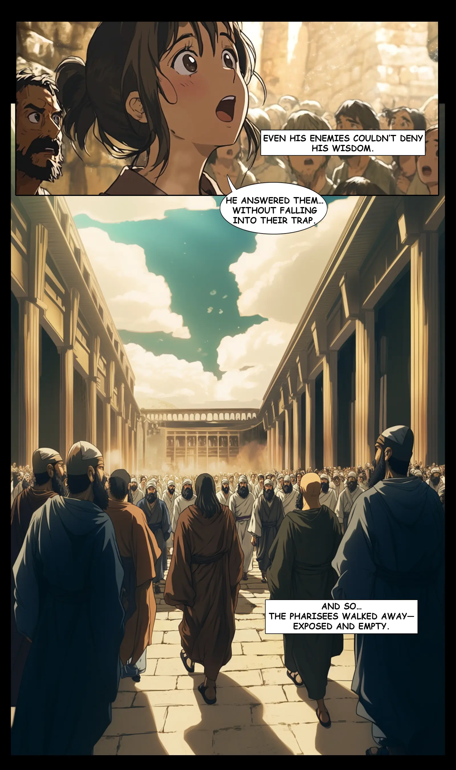 Comic-style artwork depicting a crowd in an ancient setting with speech bubbles.