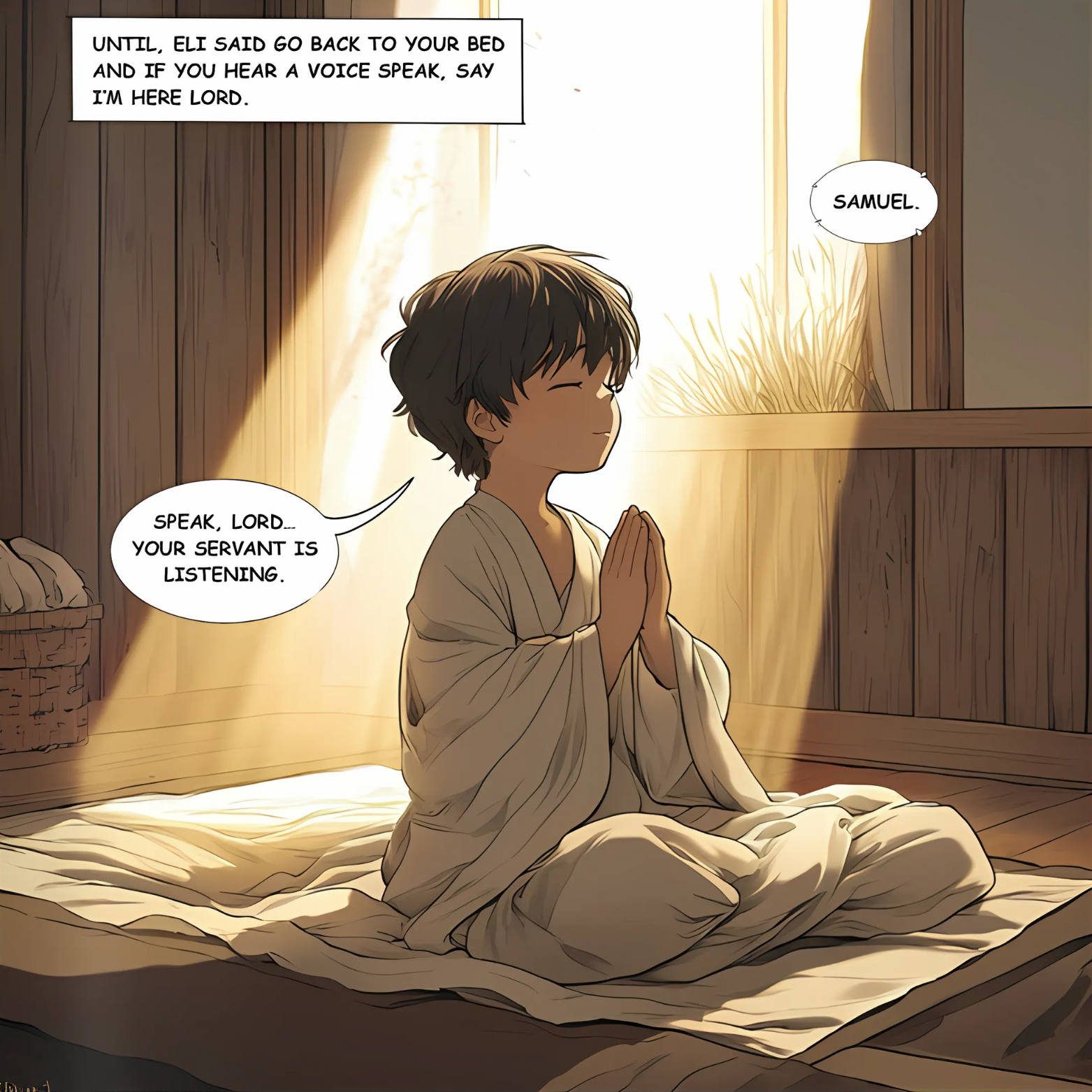 Child in white robe praying on a mat with sunlight streaming in.
