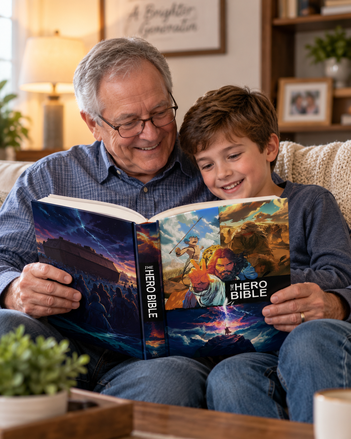 An older man and a young boy sit together on a couch, smiling as they read 'The Hero Bible'.