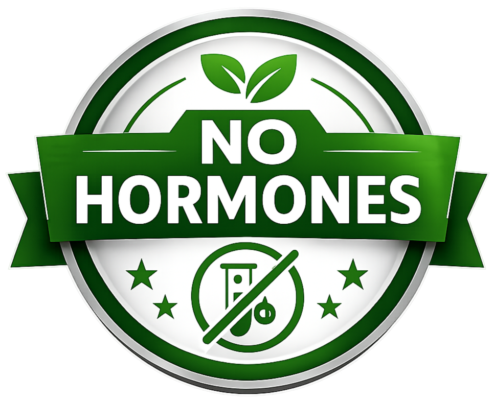 A green and white circular badge that reads 'No Hormones', with leaves, stars, and science icons.