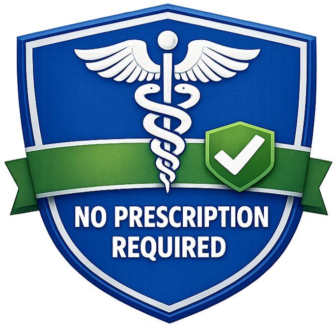 A blue shield with a caduceus symbol and text that reads, 'No Prescription Required'.