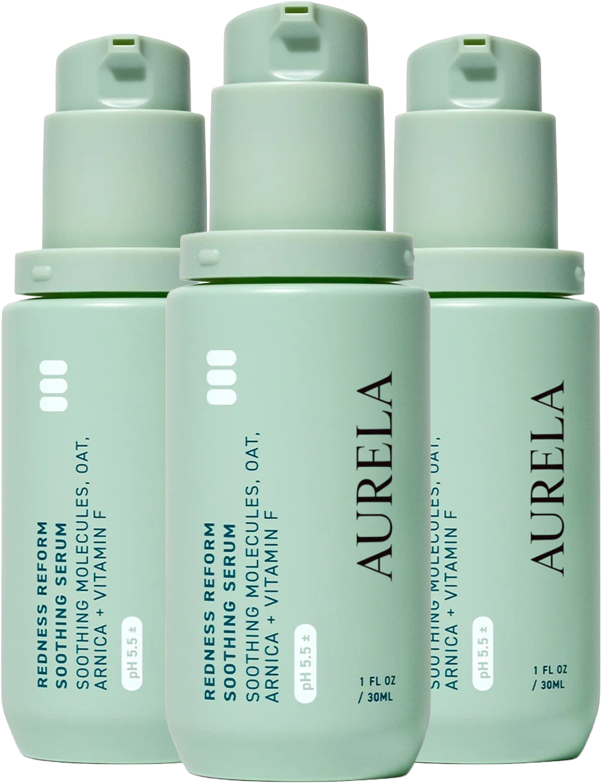Three green bottles of soothing serum with text labels.