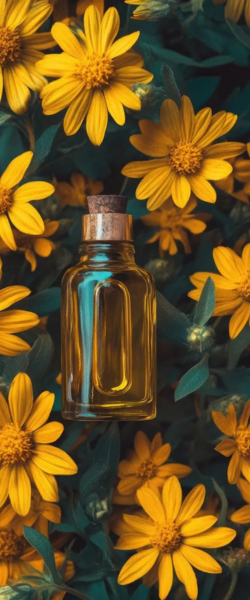 A small glass bottle with cork surrounded by yellow flowers.