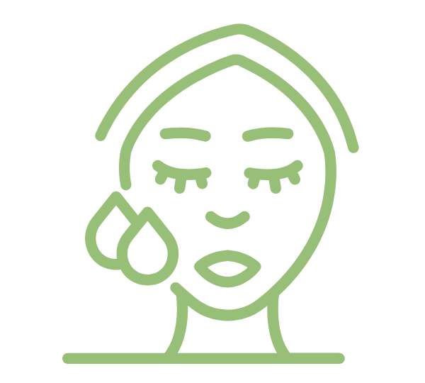 Green line drawing of a woman's face with a water droplet.