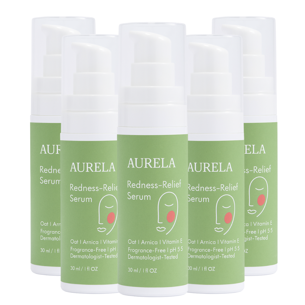 Six bottles of Aurela Redness-Relief Serum with green labels.