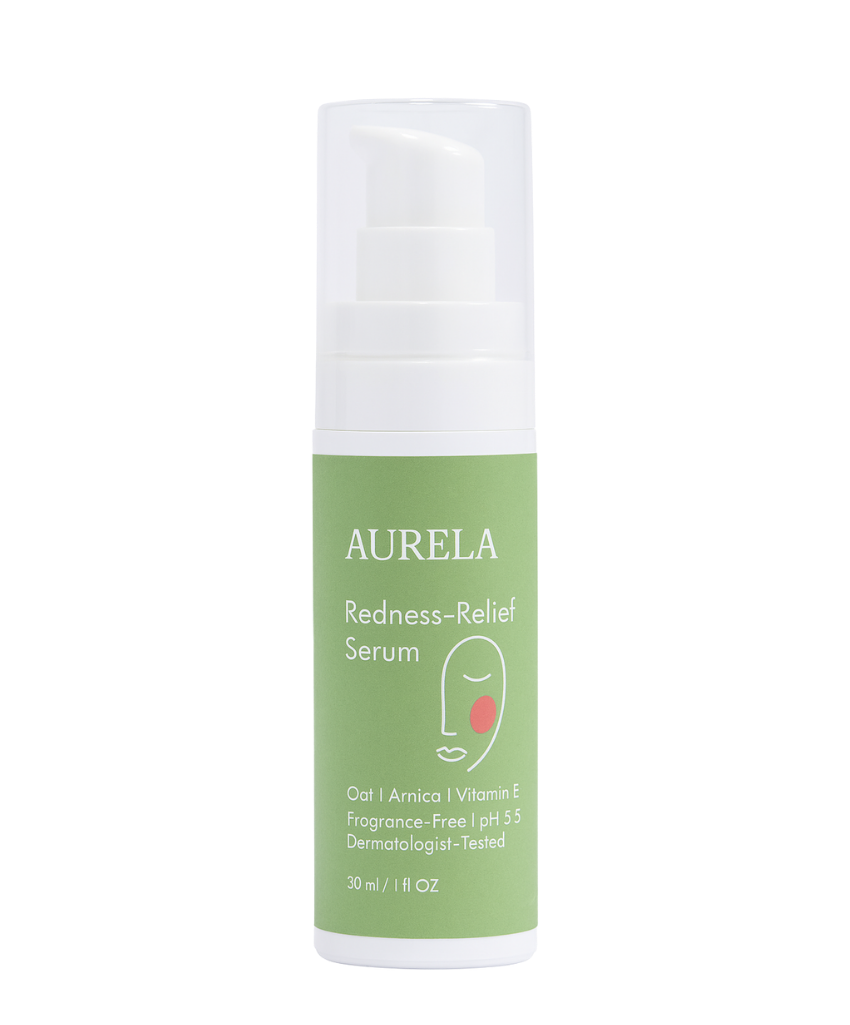 A green bottle of Aurela Redness-Relief Serum with a white pump dispenser.