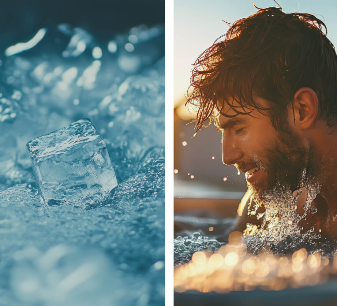 Split image: ice cube in water and a man with wet hair in sunlight.