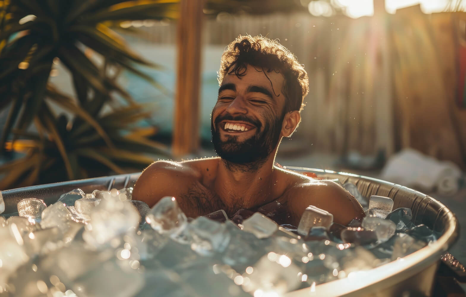 Smiling man sitting in a tub filled with ice cubes outdoors.