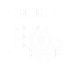 Icon of a calendar, dollar sign, and stack of money on a black background.