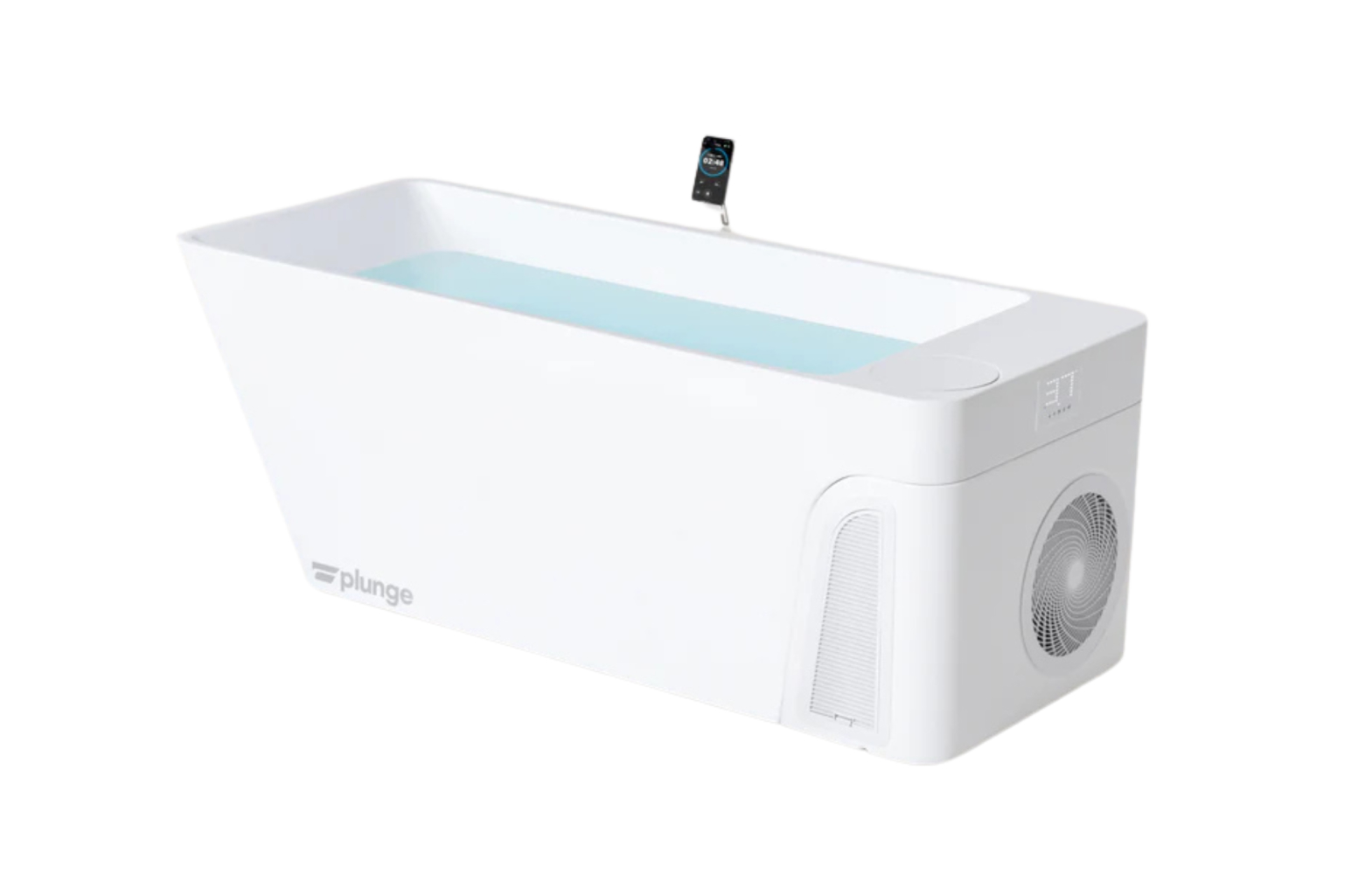 White rectangular bathtub with a digital display and water inside.