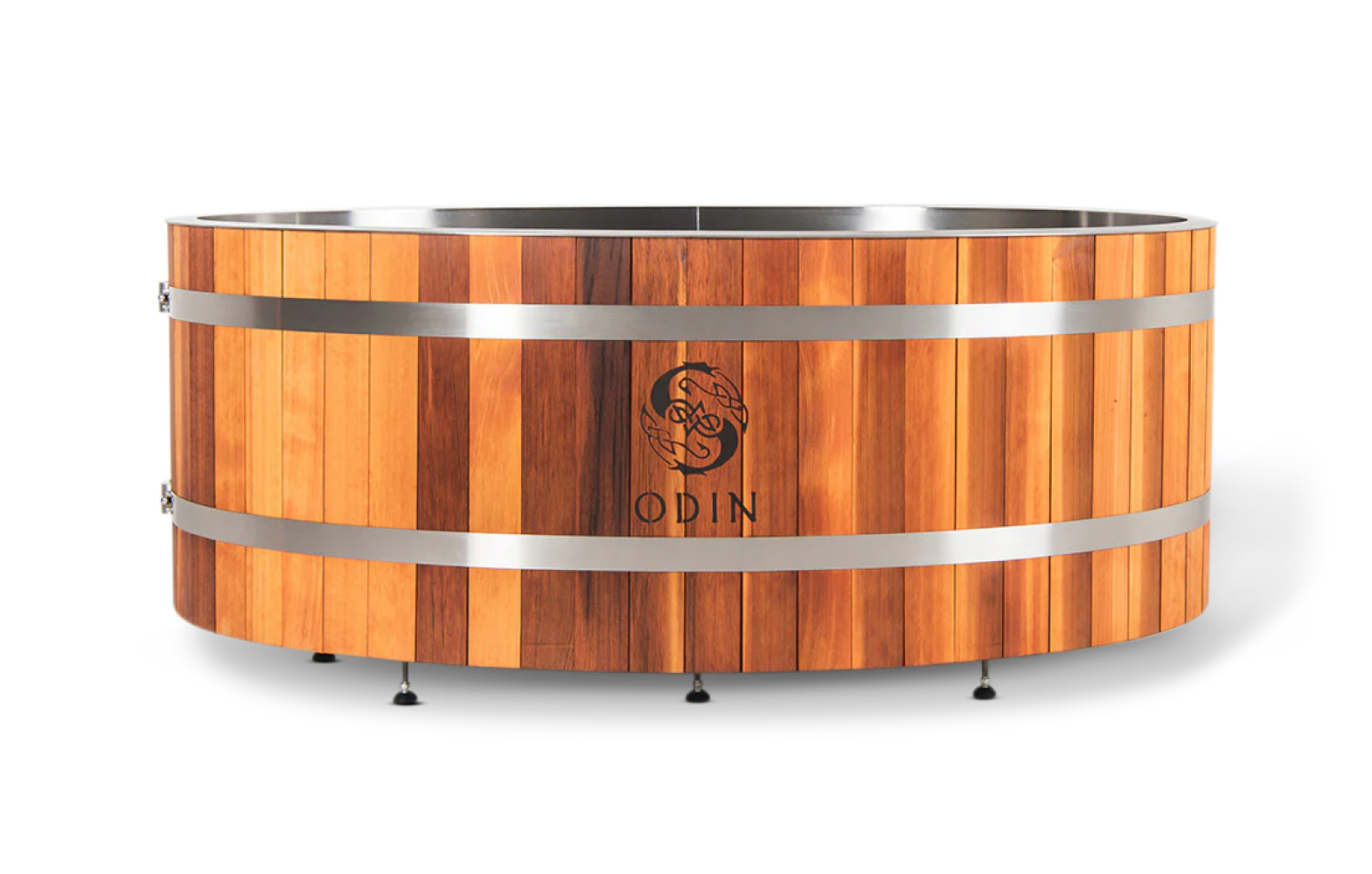 Wooden hot tub with metal bands and 'ODIN' logo on the side.