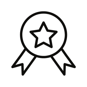 Black outline of an award ribbon with a star in the center.