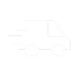 Simple line drawing of a delivery van with motion lines on a black background.