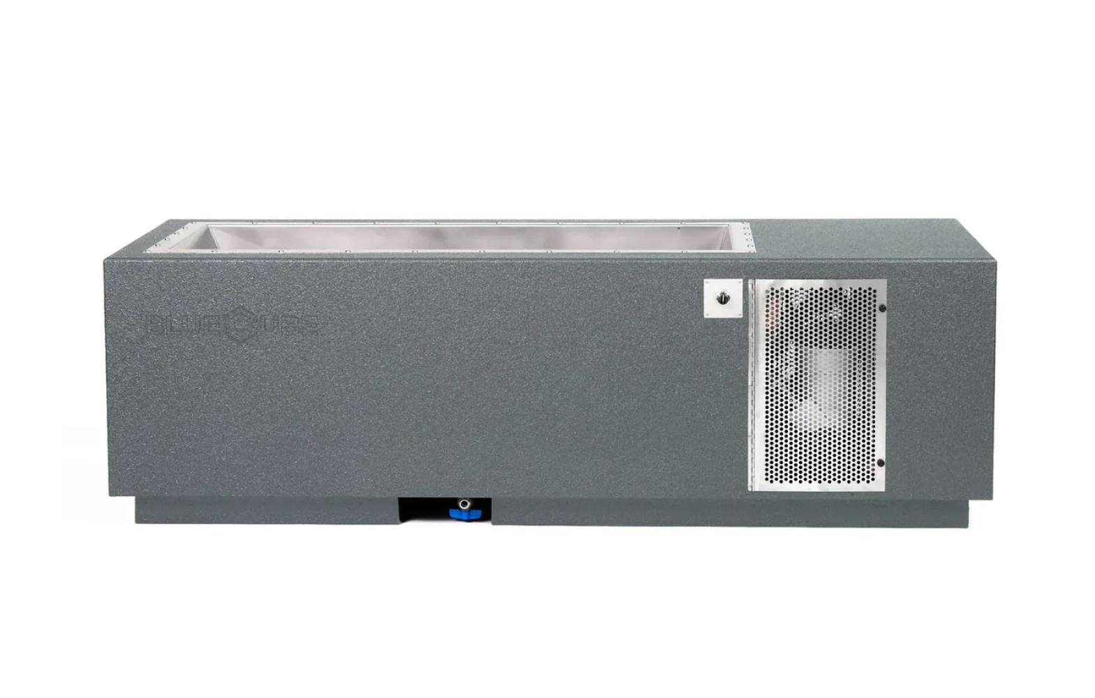 Gray industrial cooling unit with a perforated metal panel on the side.