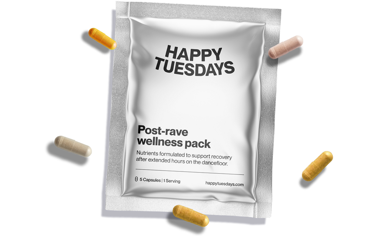 Packet labeled 'Happy Tuesdays Post-rave wellness pack' with capsules around it.