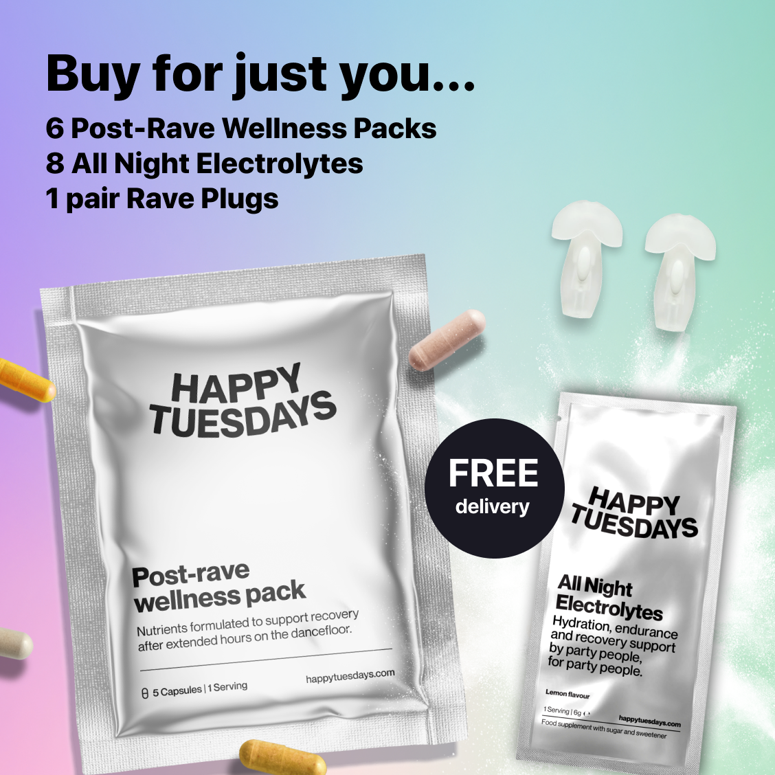 Promotional image for wellness packs, electrolytes, and earplugs with 'Happy Tuesdays' branding.