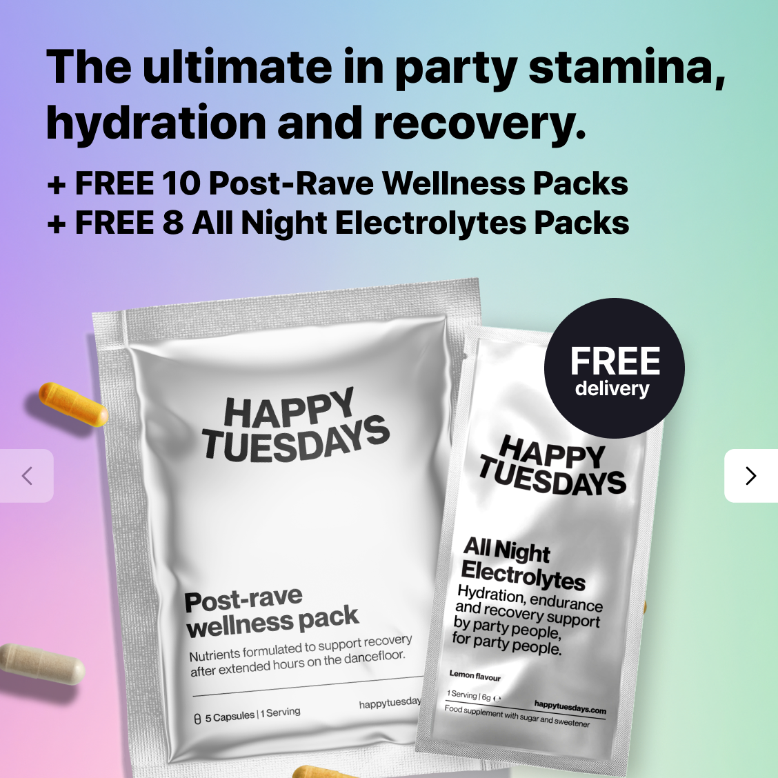 Party recovery packs with free next-day shipping offer.