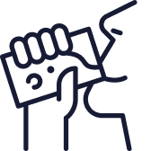 A dark blue line icon of a hand administering a nasal swab to a person's nose.