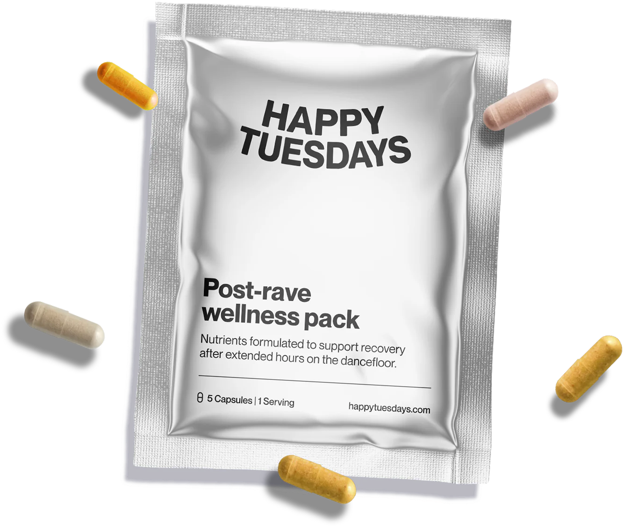 Packet labeled 'Happy Tuesdays Post-rave wellness pack' surrounded by capsules.