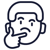 A dark blue outline icon of a person with their hand on their chin in a pensive pose.