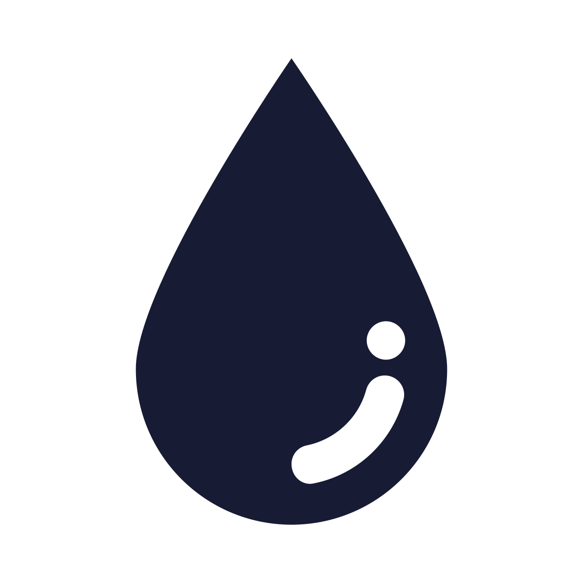 Dark blue droplet icon with a smiley face design.