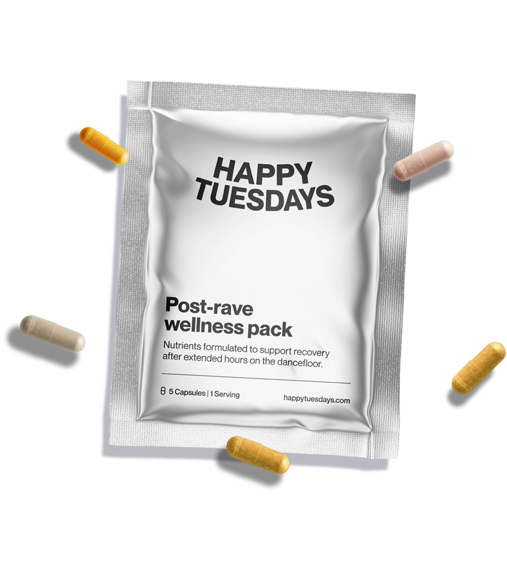 Packet labeled 'Happy Tuesdays Post-rave wellness pack' surrounded by capsules.
