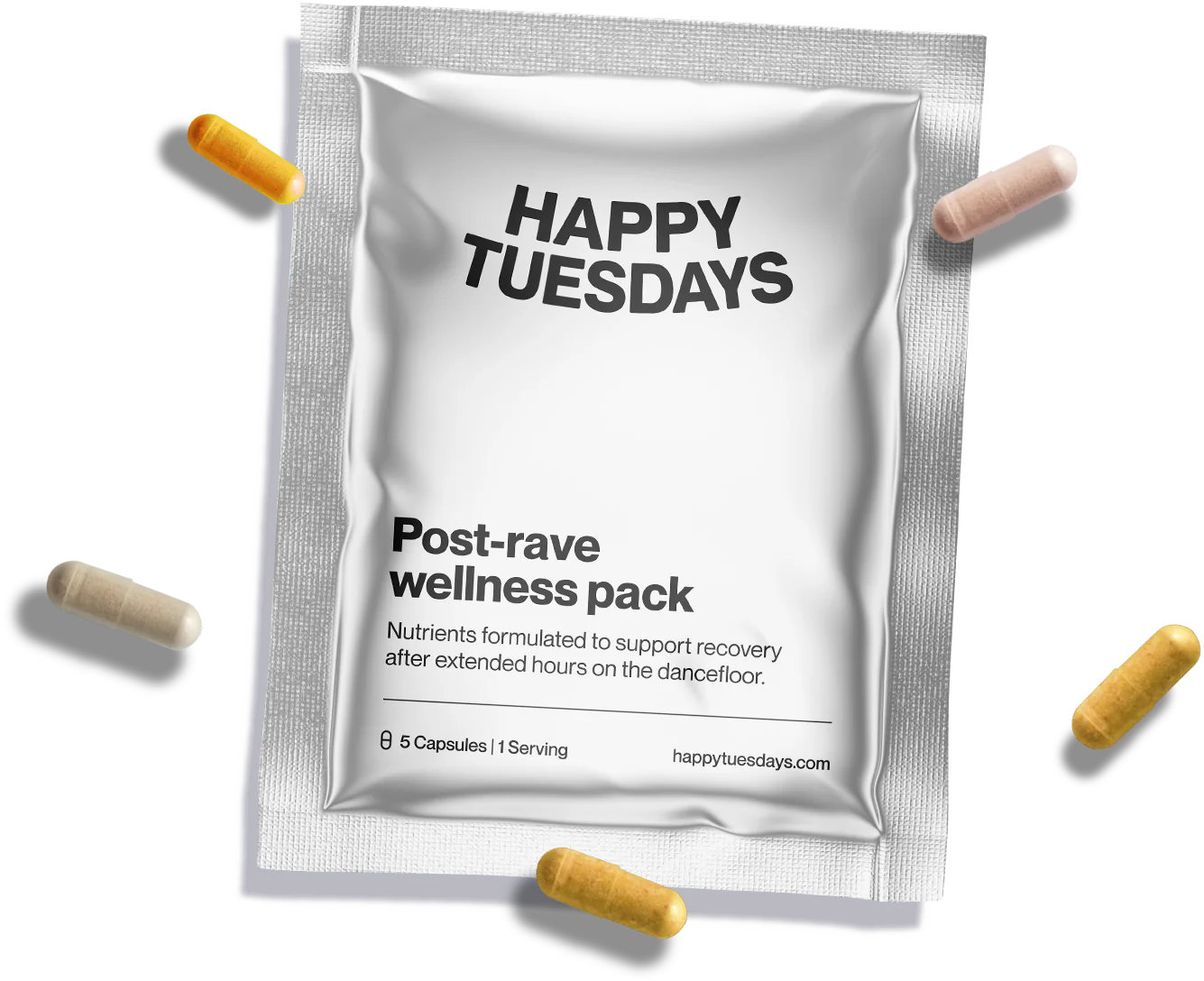 Packet labeled 'Happy Tuesdays Post-rave wellness pack' surrounded by capsules.