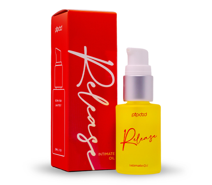 Yellow bottle of intimate oil with red packaging.