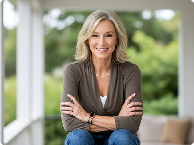 Smiling woman with crossed arms sitting on a porch.