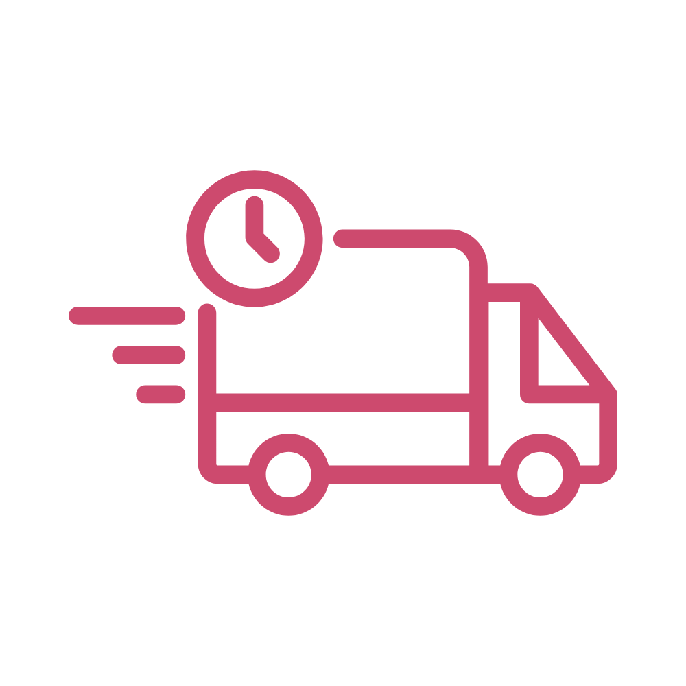 A pink line icon of a delivery truck in motion with a clock above it.
