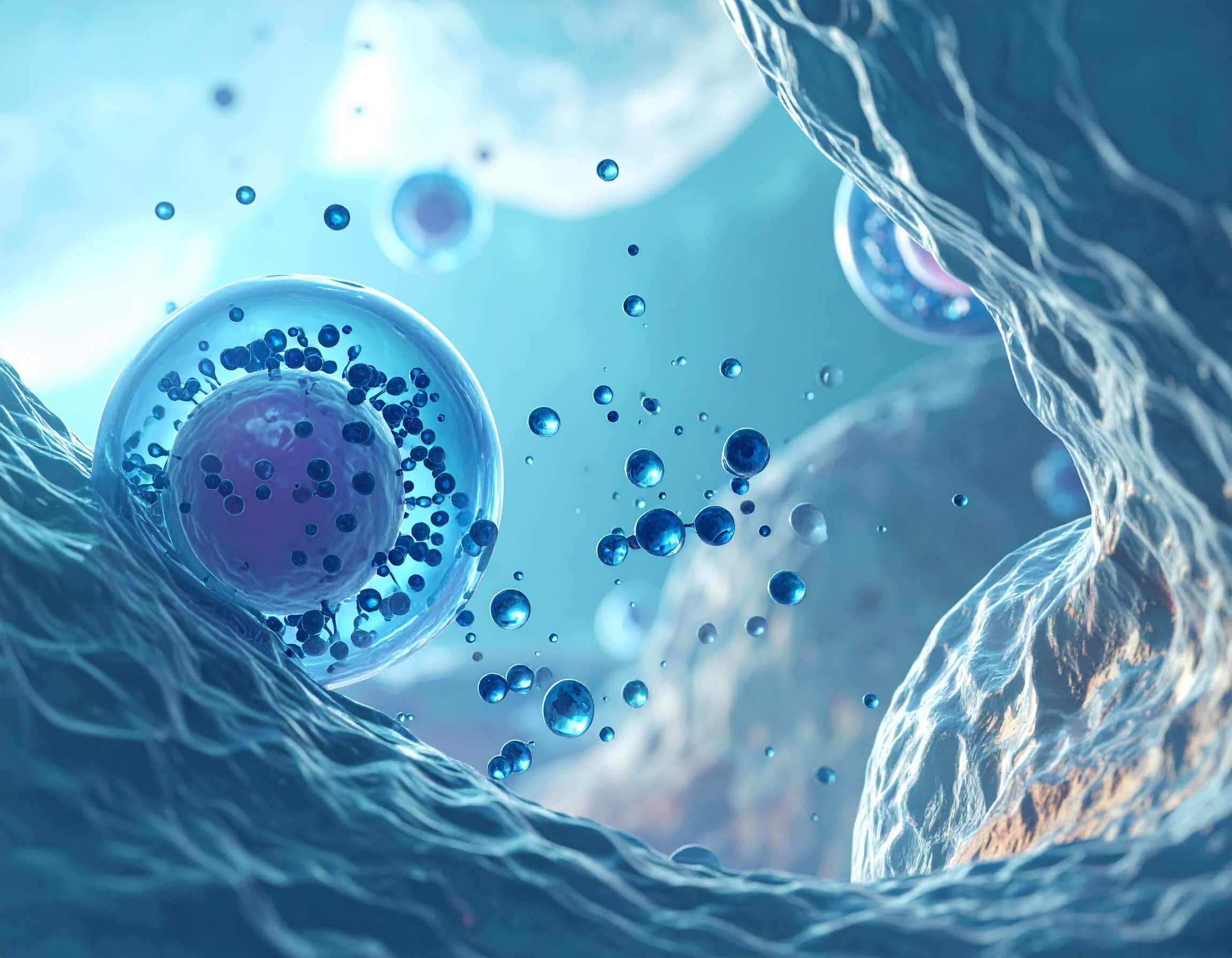 Close-up of blue and purple cells with floating droplets.