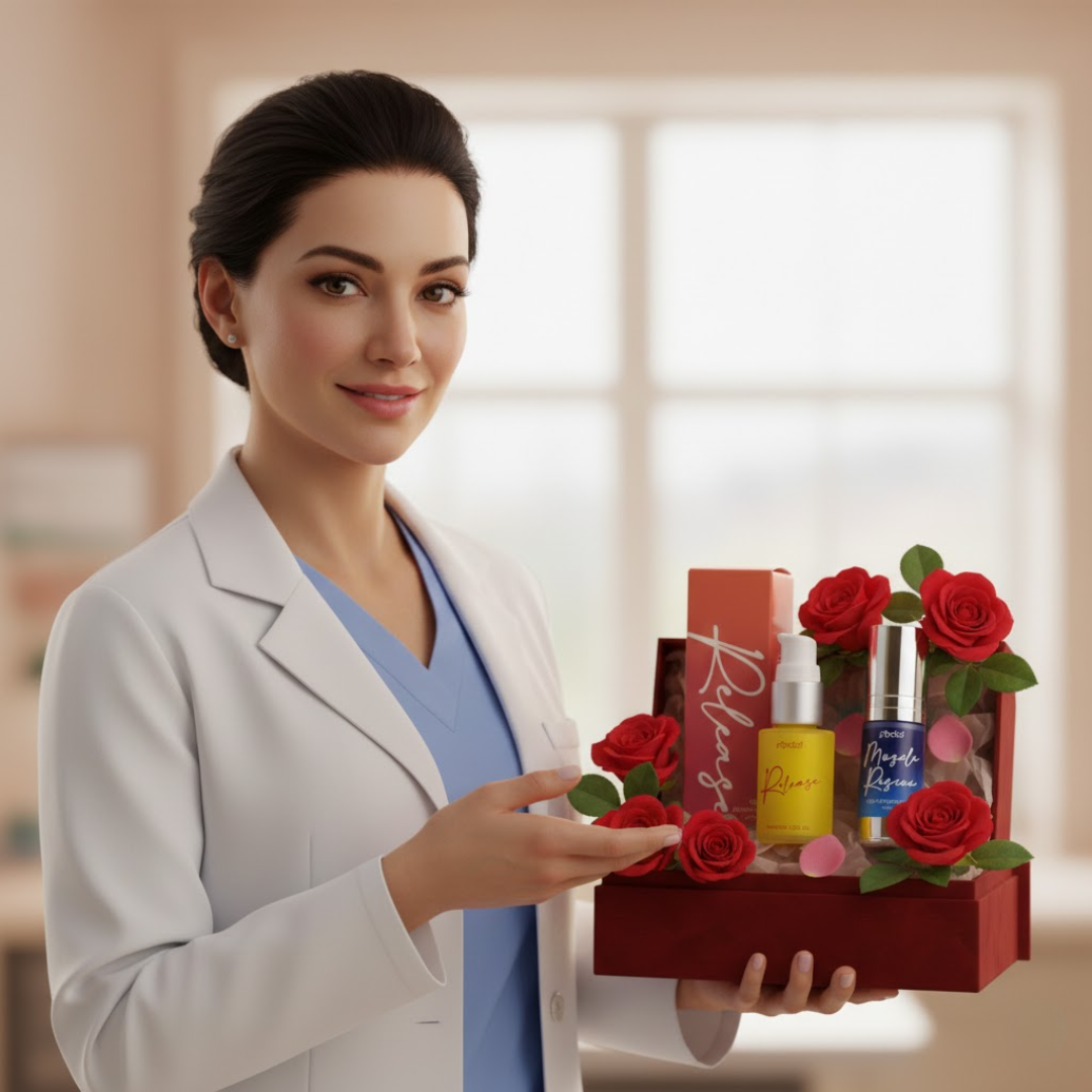 A woman in a lab coat and scrubs holds a red gift box with cosmetic products and red roses.