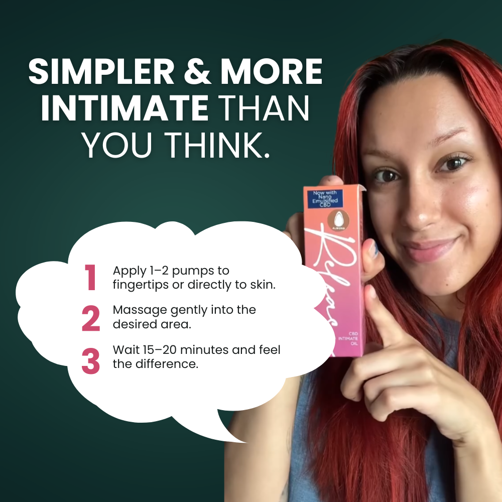 A smiling woman with red hair holds a box of Release CBD Intimate Oil next to product instructions.