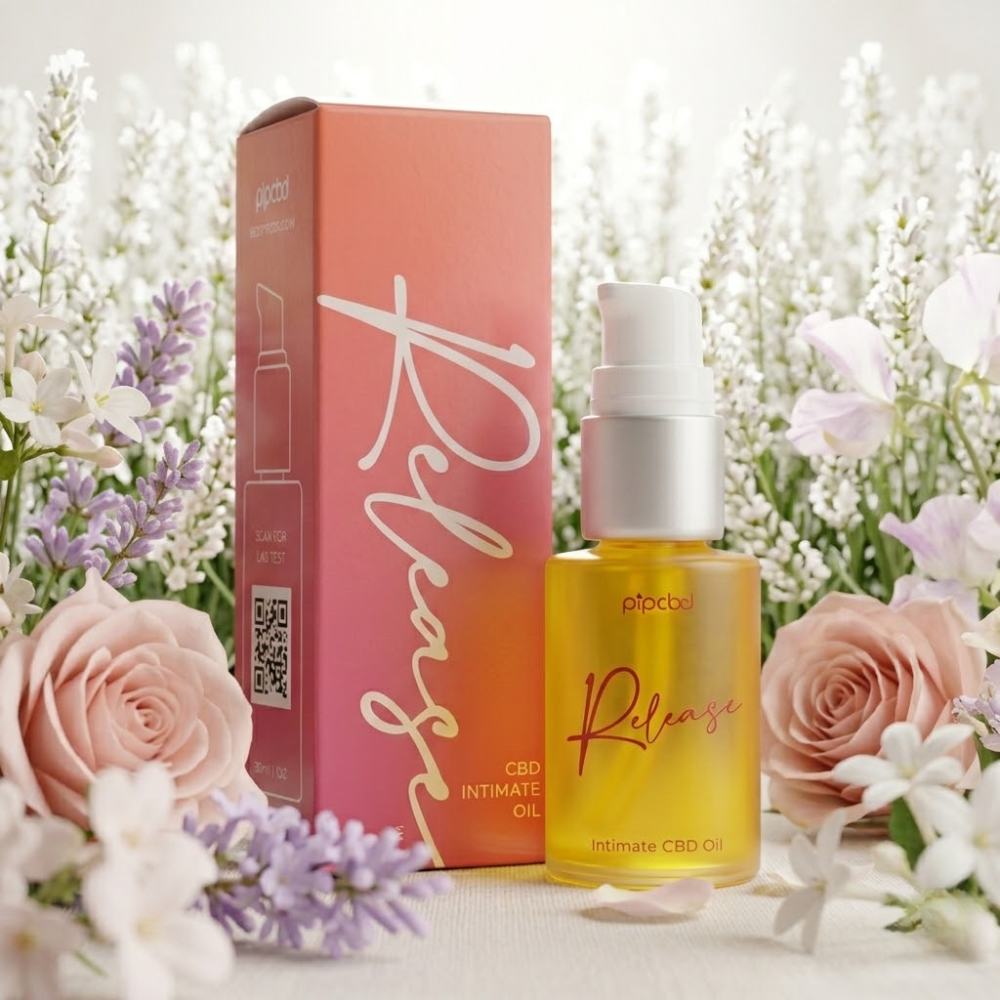 A bottle of Release Intimate CBD Oil and its box are nestled in a bed of various flowers.
