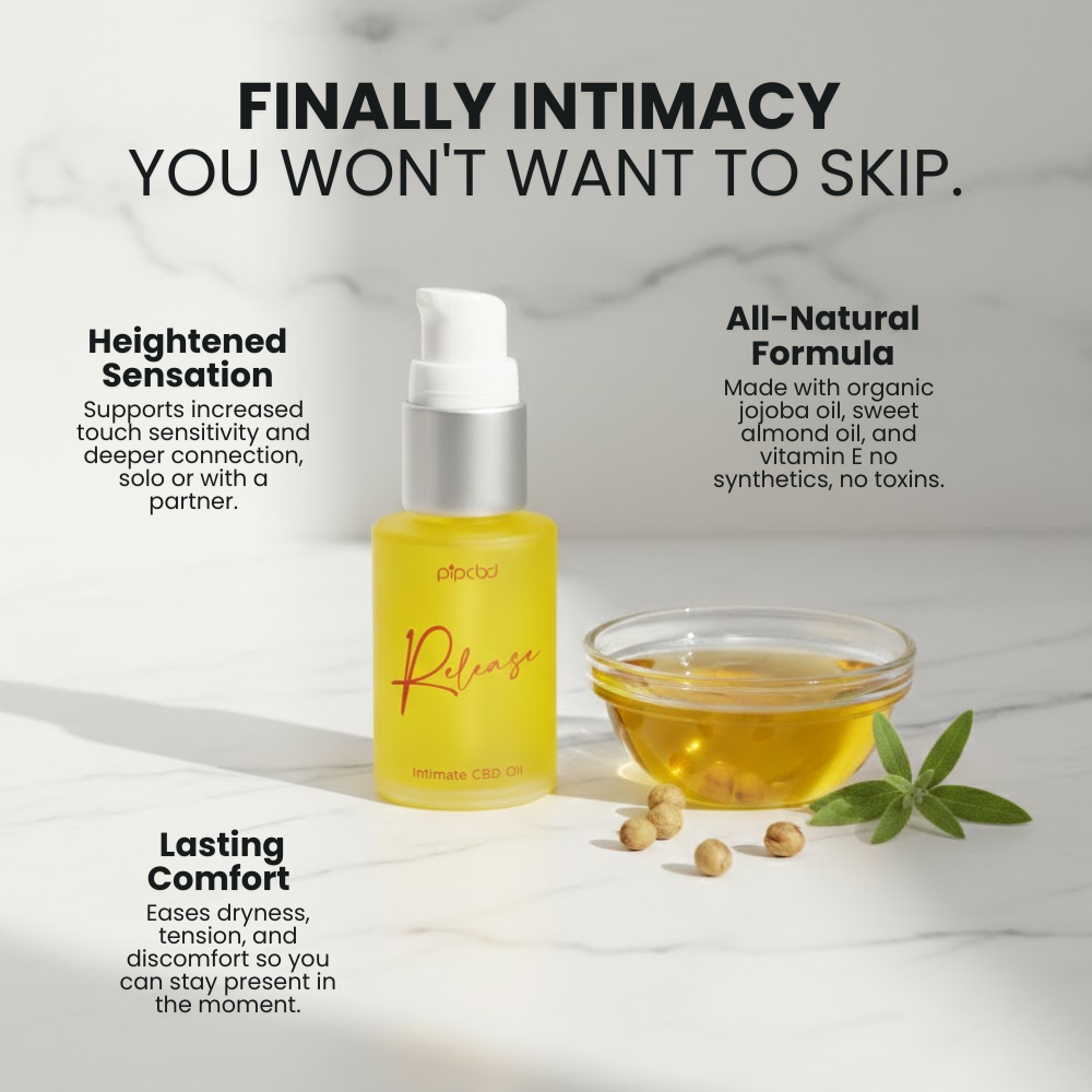 An advertisement for Release Intimate CBD Oil showing the product bottle next to its ingredients on a marble surface.