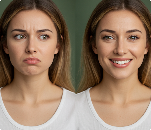 Two side-by-side portraits of a woman showing different facial expressions.