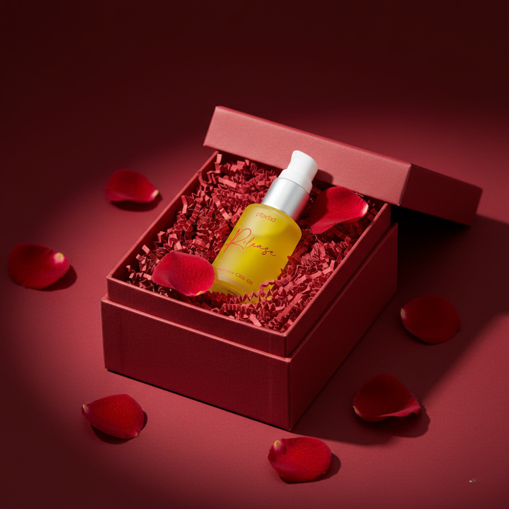 A yellow bottle of oil sits in an open red gift box surrounded by red rose petals.